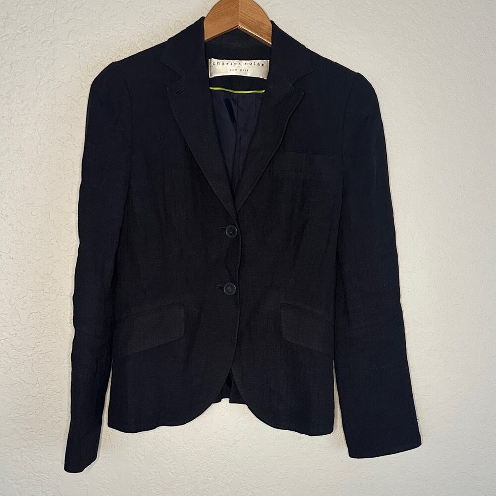 Vintage Charles Nolan Black Blazer Linen Flap Pockets Size 4 Classic Preppy